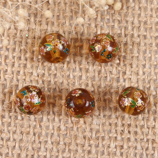 Picture of Glass Japan Painting Vintage Japanese Tensha Beads Round Amber Sakura Flower Pattern Transparent About 8mm Dia, Hole: Approx 1.2mm, 5 PCs