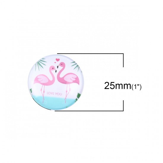 Picture of Glass Dome Seals Cabochon Round Flatback At Random Flamingo Pattern 25mm(1") Dia, 10 PCs