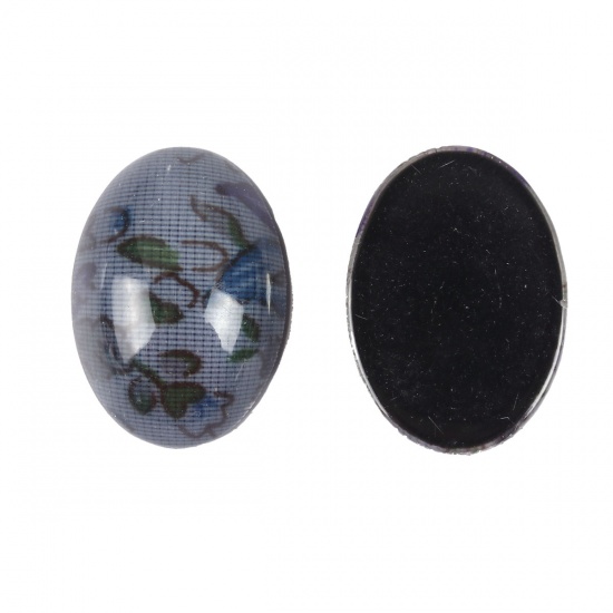 Picture of Resin Dome Seals Cabochon Oval Dark Gray Flower Pattern 25mm(1") x 18mm( 6/8"), 20 PCs