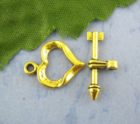 Imagen de Cierres de Palanca Aleación del Metal Del Zinc de Corazón,Oro antiguo 19mm x 8mm 16mm x 13mm, 30 Juegos
