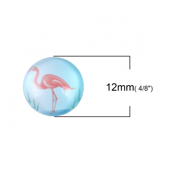 Picture of Glass Dome Seals Cabochon Round Flatback Light Blue & Pink Flamingo Pattern 12mm( 4/8") Dia, 10 PCs
