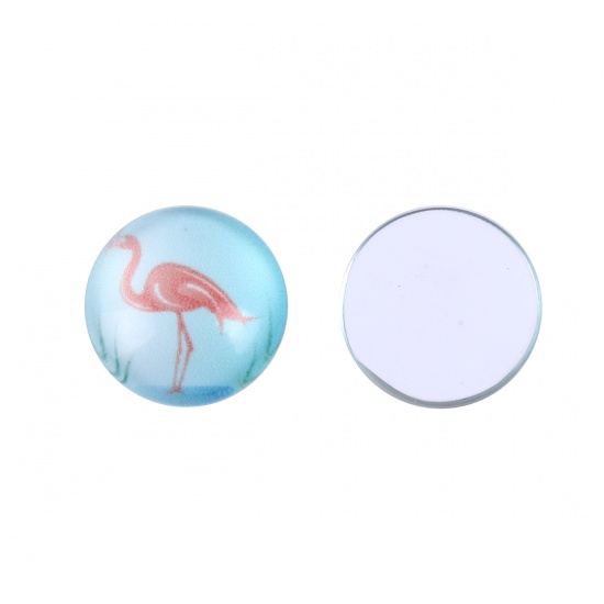 Picture of Glass Dome Seals Cabochon Round Flatback Light Blue & Pink Flamingo Pattern 12mm( 4/8") Dia, 10 PCs