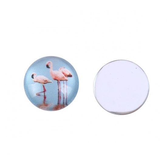 Picture of Glass Dome Seals Cabochon Round Flatback Blue & Pink Flamingo Pattern 12mm( 4/8") Dia, 10 PCs