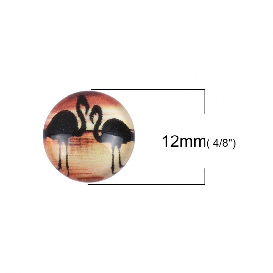 Picture of Glass Dome Seals Cabochon Round Flatback Black Flamingo Pattern 12mm( 4/8") Dia, 10 PCs