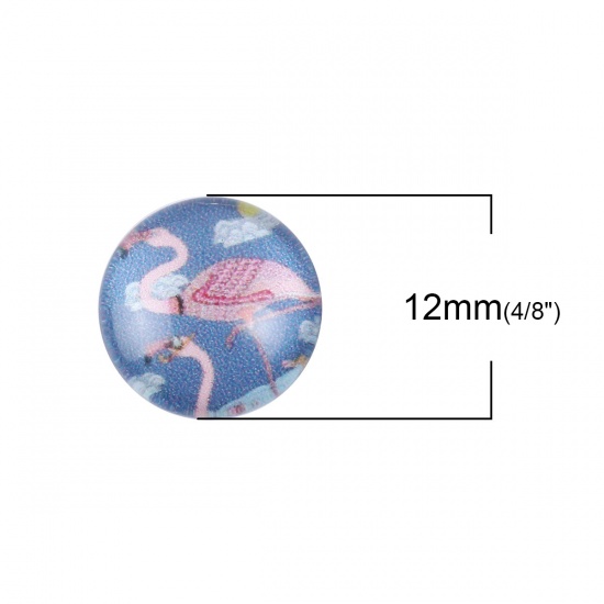 Picture of Glass Dome Seals Cabochon Round Flatback Blue Flamingo Pattern 12mm( 4/8") Dia, 10 PCs