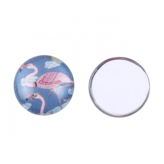 Picture of Glass Dome Seals Cabochon Round Flatback Blue Flamingo Pattern 12mm( 4/8") Dia, 10 PCs