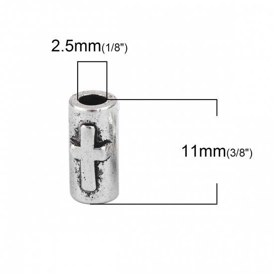 Picture of Zinc Based Alloy Spacer Beads Cylinder Antique Silver Color Cross 11mm x 6mm, Hole: Approx 2.5mm, 50 PCs