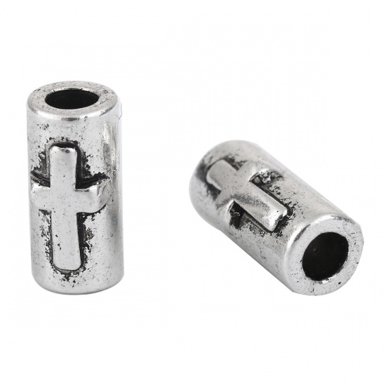 Picture of Zinc Based Alloy Spacer Beads Cylinder Antique Silver Color Cross 11mm x 6mm, Hole: Approx 2.5mm, 50 PCs