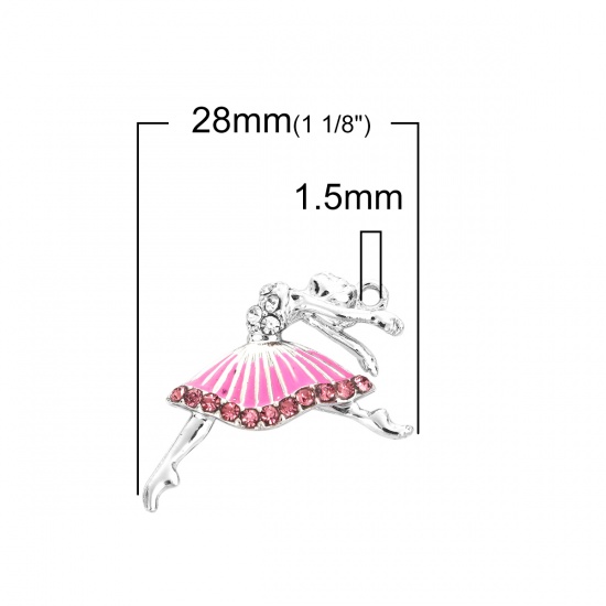 Image de Breloques en Alliage de Zinc Ballerine Email Argent Mat à Strass Rose 28mm x 18mm, 10 Pcs