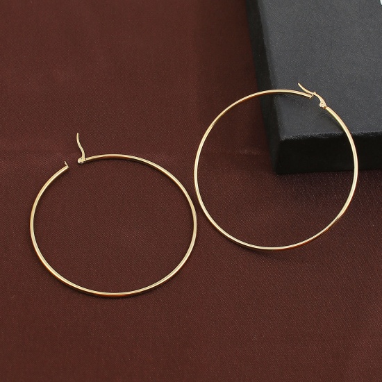 Picture of 304 Stainless Steel Hoop Earrings Gold Plated Circle Ring 76mm(3") x 72mm(2 7/8"), Post/ Wire Size: (21 gauge), 2 Pairs