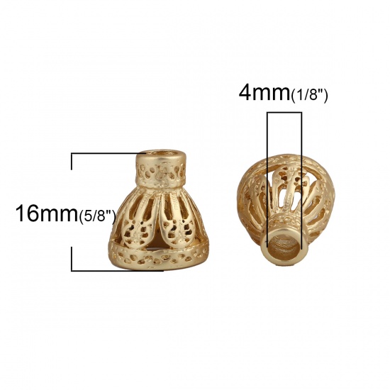 Изображение Цинковый Сплав Богемный Стиль Шапочка Для Тасселей Коническая Форма Матовый Золотой Ажурный Цветок, 16мм(РазмерСША 5.25) x 14мм, 3 ШТ