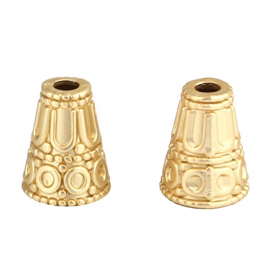 Immagine di Lega di Zinco Stile Bohemien Perle per Supporto di Nappa Cono Oro Opaco Circolo Disegno 15mm x 12mm, 5 Pz