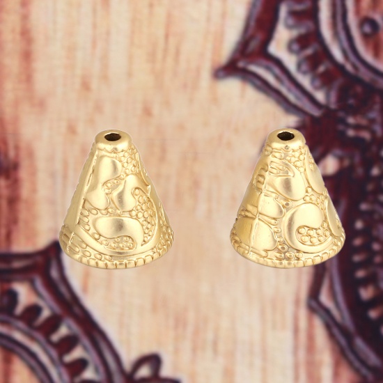 Immagine di Lega di Zinco Stile Bohemien Perle per Supporto di Nappa Cono Oro Opaco Onda Disegno 13mm x 12mm, 5 Pz