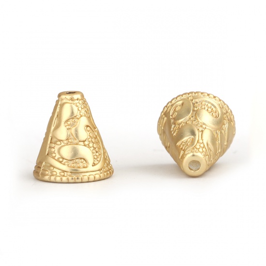 Immagine di Lega di Zinco Stile Bohemien Perle per Supporto di Nappa Cono Oro Opaco Onda Disegno 13mm x 12mm, 5 Pz