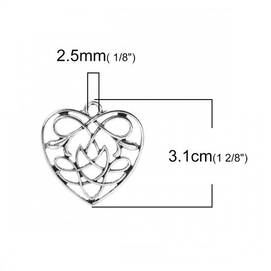 Picture of Zinc Based Alloy Pendants Heart Antique Silver Color Celtic Knot Hollow 31mm(1 2/8") x 30mm(1 1/8"), 10 PCs