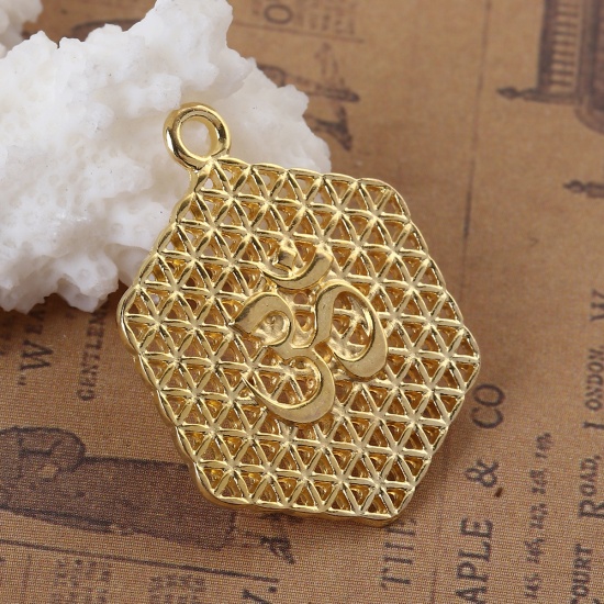 Picture of Zinc Based Alloy Flower Of Life Pendants Hexagon Gold Plated Yoga OM/ Aum Hollow 30mm(1 1/8") x 23mm( 7/8"), 10 PCs