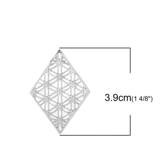Picture of Zinc Based Alloy Flower Of Life Embellishments Rhombus Silver Tone Hollow 39mm(1 4/8") x 27mm(1 1/8"), 10 PCs
