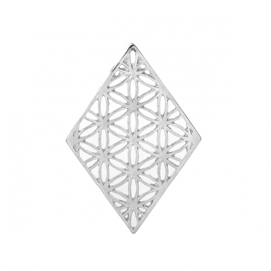 Picture of Zinc Based Alloy Flower Of Life Embellishments Rhombus Silver Tone Hollow 39mm(1 4/8") x 27mm(1 1/8"), 10 PCs