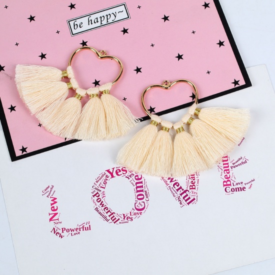 Picture of Cotton Pendants Tassel Heart Gold Plated Creamy-White About 75mm(3") x 55mm(2 1/8"), 4 PCs