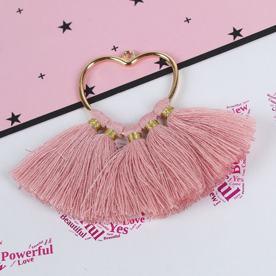 Picture of Cotton Pendants Tassel Heart Gold Plated Pink About 75mm(3") x 55mm(2 1/8"), 4 PCs