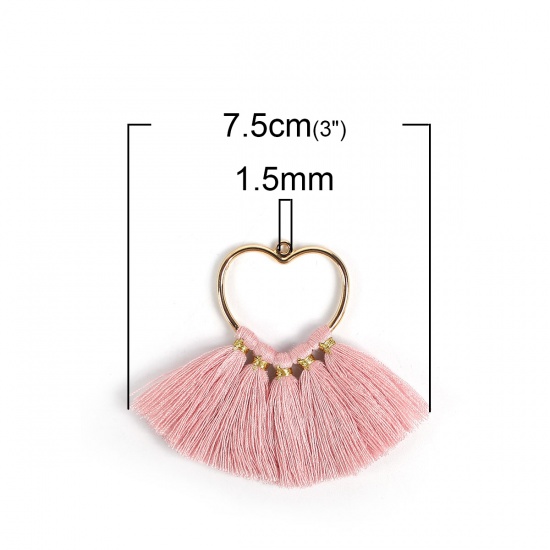 Picture of Cotton Pendants Tassel Heart Gold Plated Pink About 75mm(3") x 55mm(2 1/8"), 4 PCs