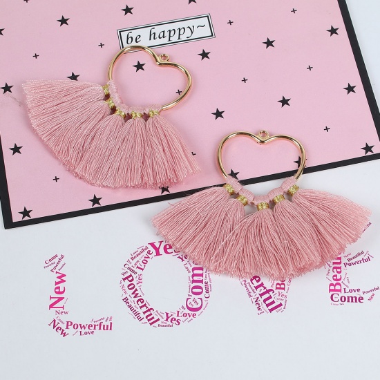 Picture of Cotton Pendants Tassel Heart Gold Plated Pink About 75mm(3") x 55mm(2 1/8"), 4 PCs