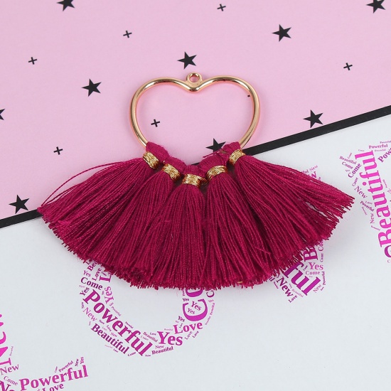 Picture of Cotton Pendants Tassel Heart Gold Plated Wine Red About 75mm(3") x 55mm(2 1/8"), 4 PCs