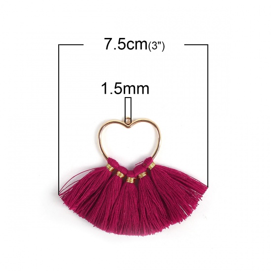 Picture of Cotton Pendants Tassel Heart Gold Plated Wine Red About 75mm(3") x 55mm(2 1/8"), 4 PCs