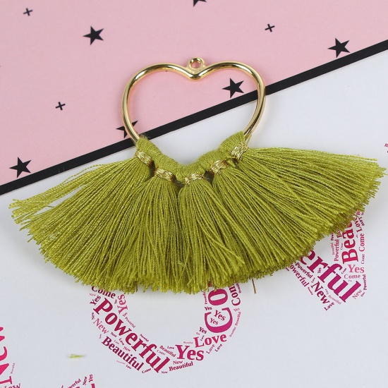 Picture of Cotton Pendants Tassel Heart Gold Plated Fruit Green About 75mm(3") x 55mm(2 1/8"), 4 PCs