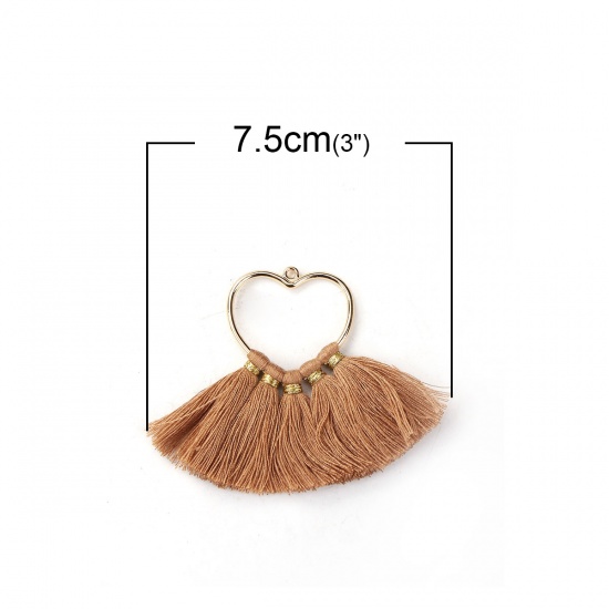 Picture of Cotton Tassel Tassel Heart Gold Plated Khaki About 75mm(3") x 55mm(2 1/8"), 4 PCs