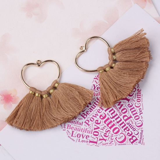 Picture of Cotton Tassel Tassel Heart Gold Plated Khaki About 75mm(3") x 55mm(2 1/8"), 4 PCs