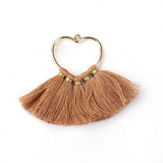 Picture of Cotton Tassel Tassel Heart Gold Plated Khaki About 75mm(3") x 55mm(2 1/8"), 4 PCs