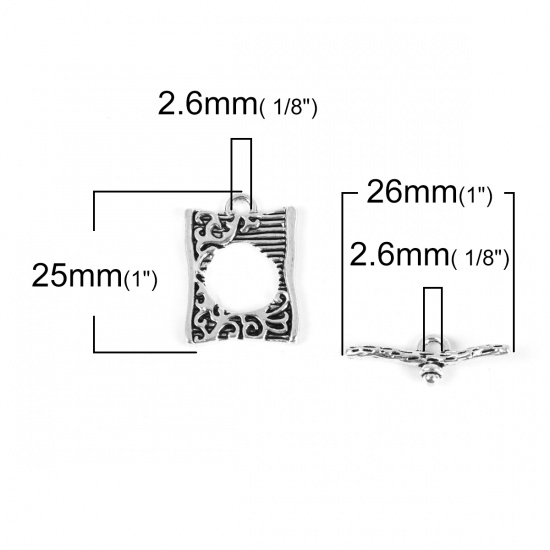 Image de Fermoir Toggle en Alliage de Zinc Forme Rectangle Argent Vieilli Fleurs Gravé 26mm x 9mm 25mm x18mm, 10 Kits(2 Pcs/Kit)