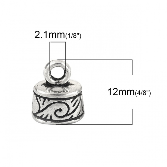 Immagine di Lega di Zinco Perle per Supporto di Nappa Ovale Argento Antico Intagliato Disegno 12mm x 10mm, 50 Pz