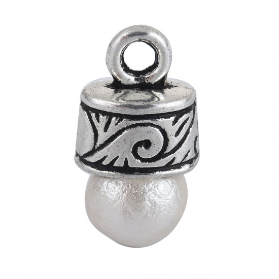 Immagine di Lega di Zinco Perle per Supporto di Nappa Ovale Argento Antico Intagliato Disegno 12mm x 10mm, 50 Pz