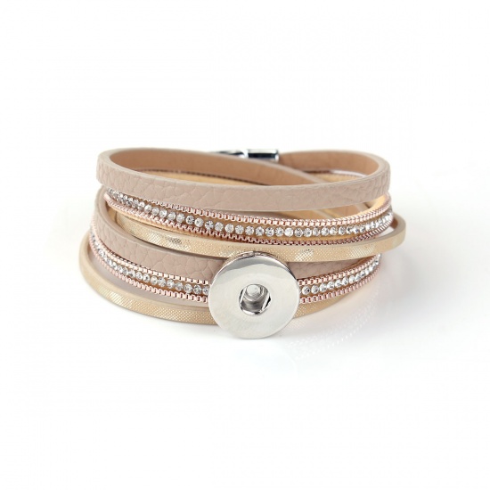 Picture of PU Leather Snap Button Multilayer Layered Wrap Bracelets Fit 18mm/20mm Snap Buttons Khaki Silver Tone Round Clear Rhinestone 40.5cm(16") long, Hole Size: 6mm( 2/8"), 1 Piece