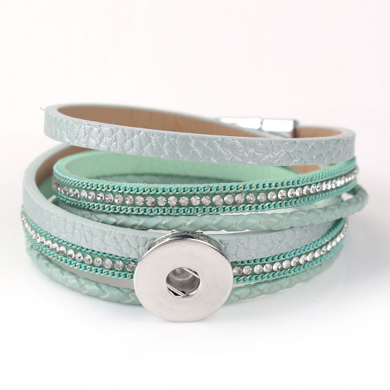 Picture of PU Leather Snap Button Multilayer Layered Wrap Bracelets Fit 18mm/20mm Snap Buttons Green Silver Tone Round Clear Rhinestone 40.5cm(16") long, Hole Size: 6mm( 2/8"), 1 Piece