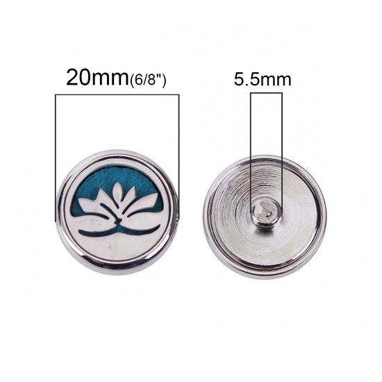Picture of 20mm Copper & Stainless Steel Snap Button Fit Snap Button Bracelets Lotus Flower Silver Tone Green Felt Oil Diffuser Pads Round , Knob Size: 5.5mm( 2/8"), 1 Piece