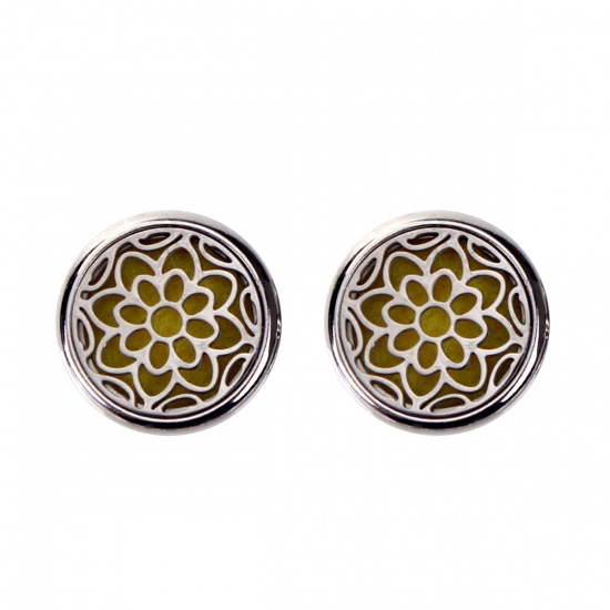 Picture of 20mm Copper & Stainless Steel Snap Button Fit Snap Button Bracelets Round Silver Tone Yellow Felt Oil Diffuser Pads Flower , Knob Size: 5.5mm( 2/8"), 1 Piece
