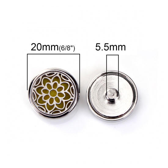 Picture of 20mm Copper & Stainless Steel Snap Button Fit Snap Button Bracelets Round Silver Tone Yellow Felt Oil Diffuser Pads Flower , Knob Size: 5.5mm( 2/8"), 1 Piece