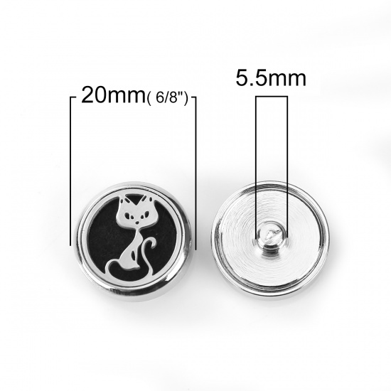 Picture of 20mm Copper & Stainless Steel Snap Button Fit Snap Button Bracelets Round Silver Tone Black Felt Oil Diffuser Pads Cat , Knob Size: 5.5mm( 2/8"), 1 Piece