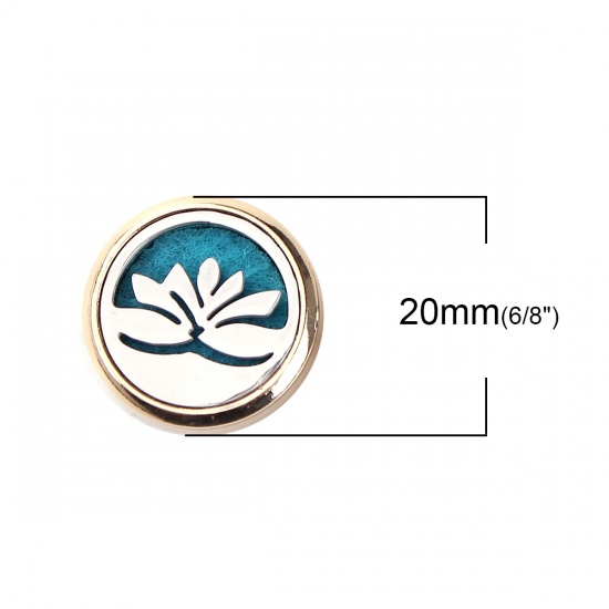 Picture of 20mm Copper & Stainless Steel Snap Button Fit Snap Button Bracelets Lotus Flower Gold Plated Green Blue Felt Oil Diffuser Pads Round , Knob Size: 5.5mm( 2/8"), 1 Piece