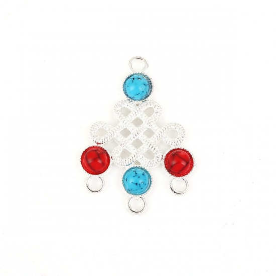 Picture of Zinc Based Alloy Boho Chic Chandelier Connectors Chinese Knot Gold Plated Red & Blue Imitation Turquoise 38mm x 28mm, 10 PCs