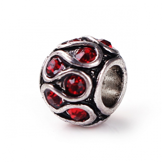Picture of Zinc Based Alloy European Style Large Hole Charm Beads Barrel Antique Silver S Red Rhinestone About 11mm( 3/8") Dia, Hole: Approx 5mm, 5 PCs