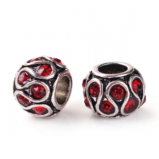Picture of Zinc Based Alloy European Style Large Hole Charm Beads Barrel Antique Silver S Red Rhinestone About 11mm( 3/8") Dia, Hole: Approx 5mm, 5 PCs