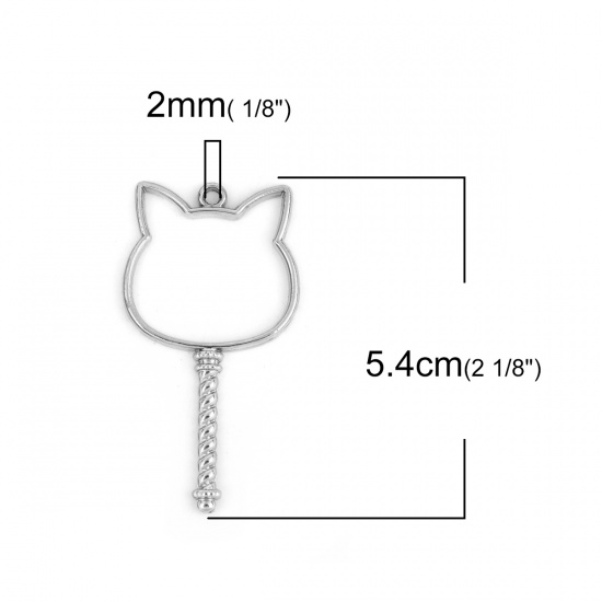 Picture of Zinc Based Alloy Open Back Bezel Pendants For Resin Silver Tone Cat Animal Key 54mm(2 1/8") x 29mm(1 1/8"), 10 PCs