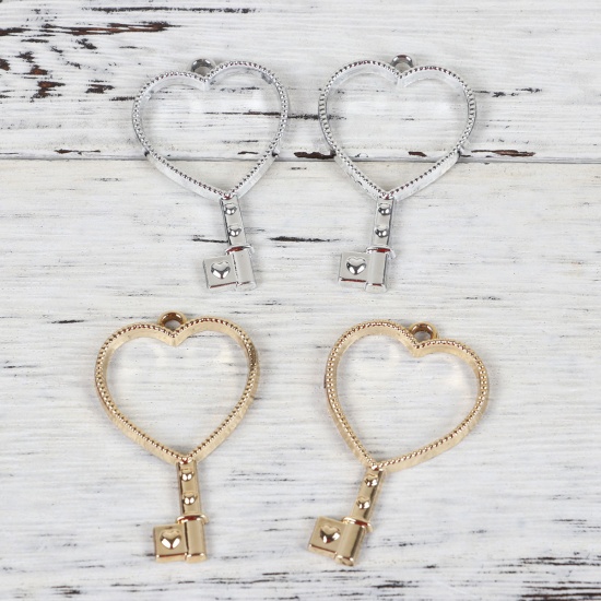Picture of Zinc Based Alloy Open Back Bezel Pendants For Resin Gold Plated Heart Key 42mm(1 5/8") x 25mm(1"), 10 PCs