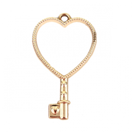 Picture of Zinc Based Alloy Open Back Bezel Pendants For Resin Gold Plated Heart Key 42mm(1 5/8") x 25mm(1"), 10 PCs