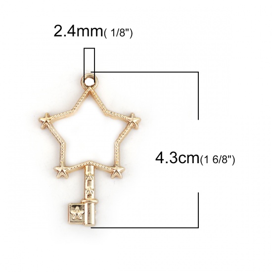 Picture of Zinc Based Alloy Open Back Bezel Pendants For Resin Gold Plated Star Key 43mm(1 6/8") x 29mm(1 1/8"), 10 PCs