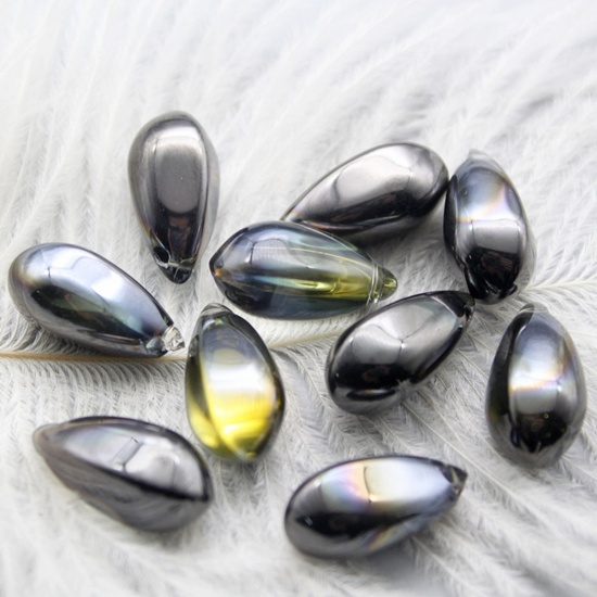 Picture of Lampwork Glass Czech Beads Drop Black AB Rainbow Color About 19mm x 10mm, Hole: Approx 1.2mm, 10 PCs